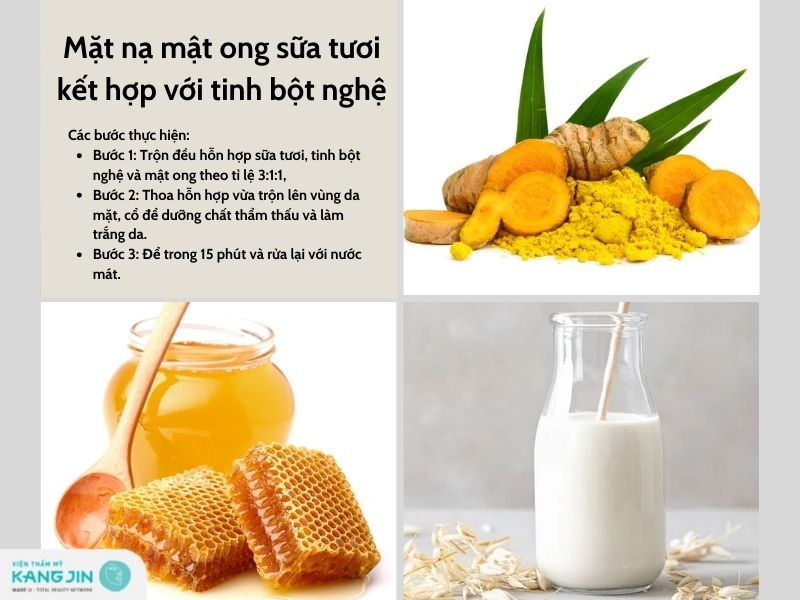 kết hợp mật ong và sữa tươi cùng tinh bột nghệ để làm sáng da