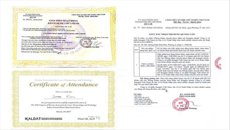 Giấy phép hoạt động và giấy xác nhận nội dung quảng cáo được cấp phép bởi Sở Y Tế Thành phố Hồ Chí Minh minh chứng Thẩm mỹ viện KangJin có uy tín không