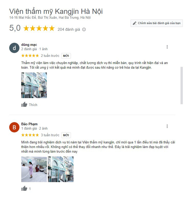 Review của khách hàng về Viện thẩm mỹ KangJin trên Google