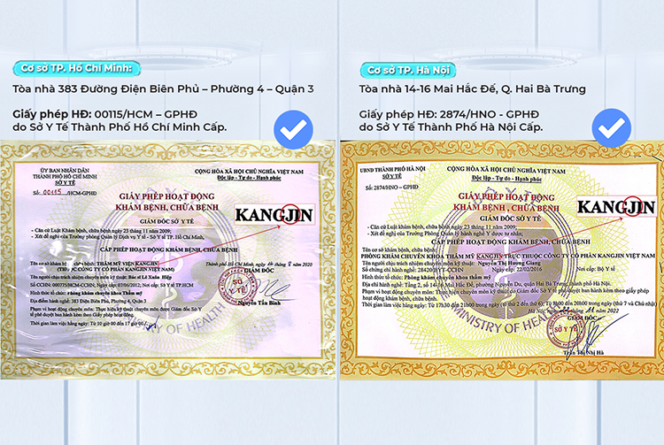 Viện thẩm mỹ KangJin có đầy đủ giấy phép pháp lý về hoạt động khám bệnh, chữa bệnh